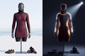Split-screen design visualisation of a burgundy and black burkini set on mannequins, with illustrative bright sleeve and side patterns on the right and water shoes below.