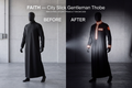 Before-and-after studio design presentation of a black thobe on mannequins, with orange-white collar, placket, pocket, cuff and sleeve-badge accents on the right.