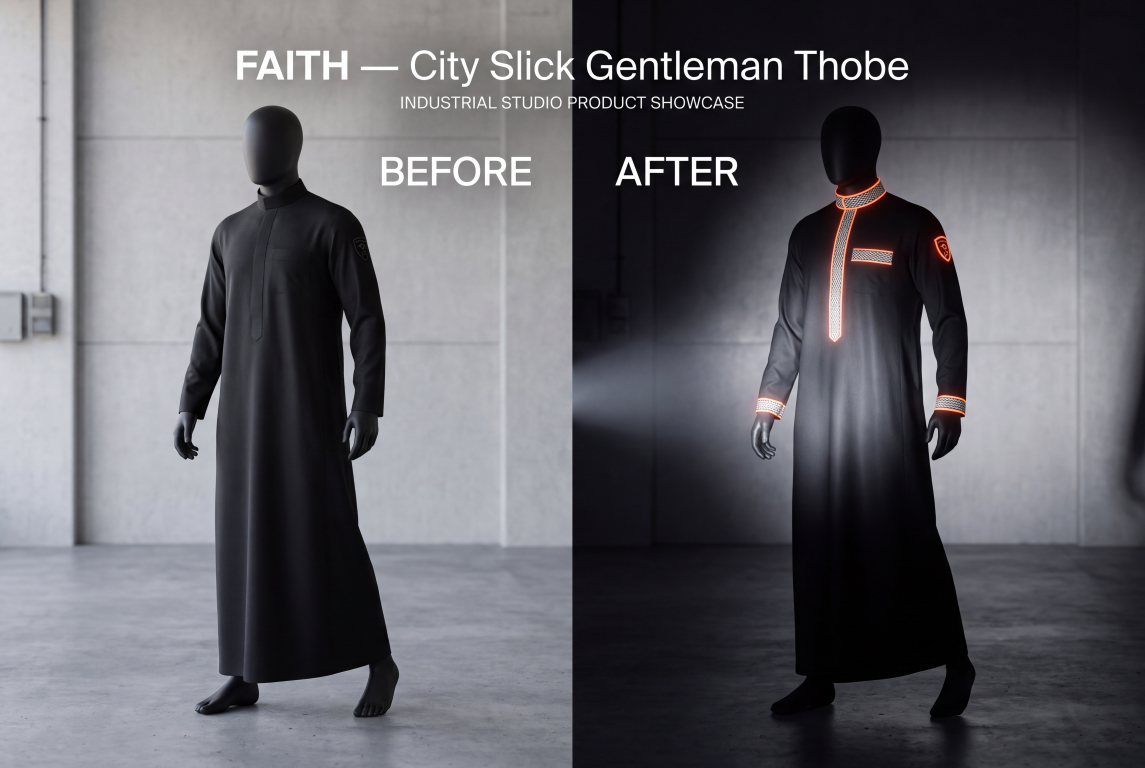 Before-and-after studio design presentation of a black thobe on mannequins, with orange-white collar, placket, pocket, cuff and sleeve-badge accents on the right.