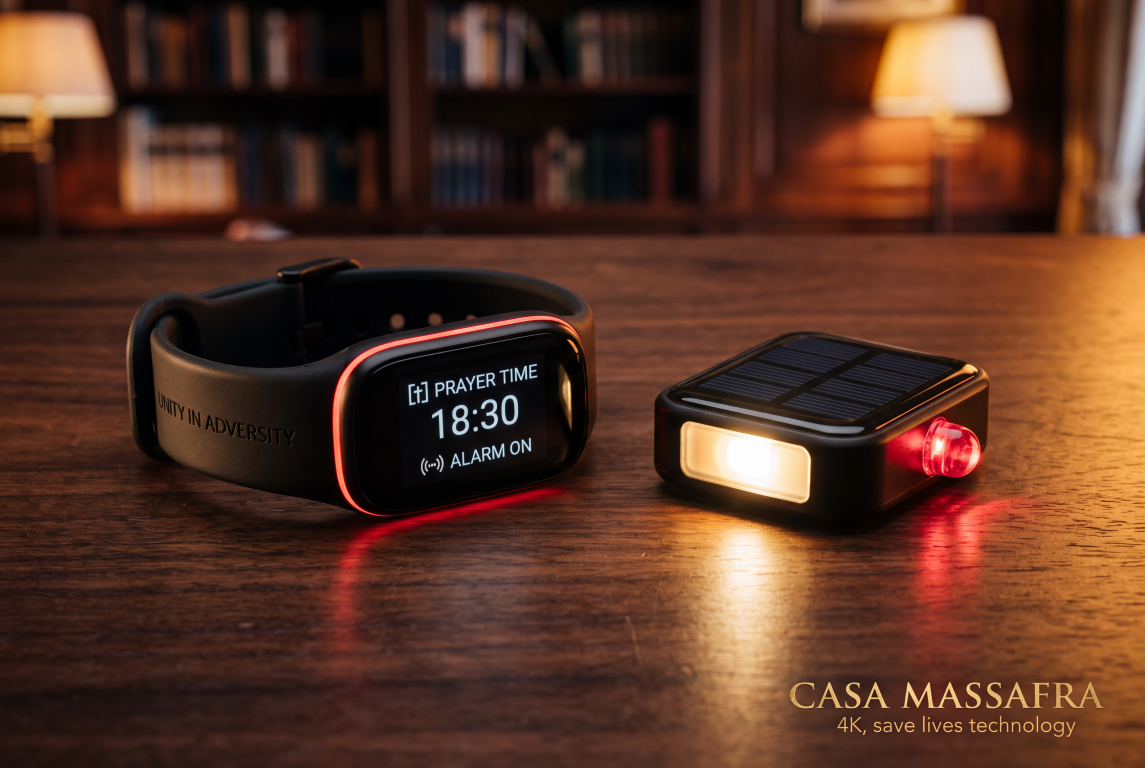 Concept presentation of a black wristband with an illustrative prayer-time display beside a solar-panel-style light module on a wooden table.