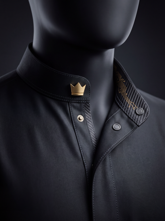 Close-up of a matte black thobe collar on a mannequin, with a gold-tone crown insignia, grey press studs and gold circuit-inspired detailing on carbon-pattern trim.