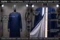 Technical split-screen presentation of a navy abaya on mannequins, showing the closed front and an opened magnetic fastening with pale lining and geometric border.