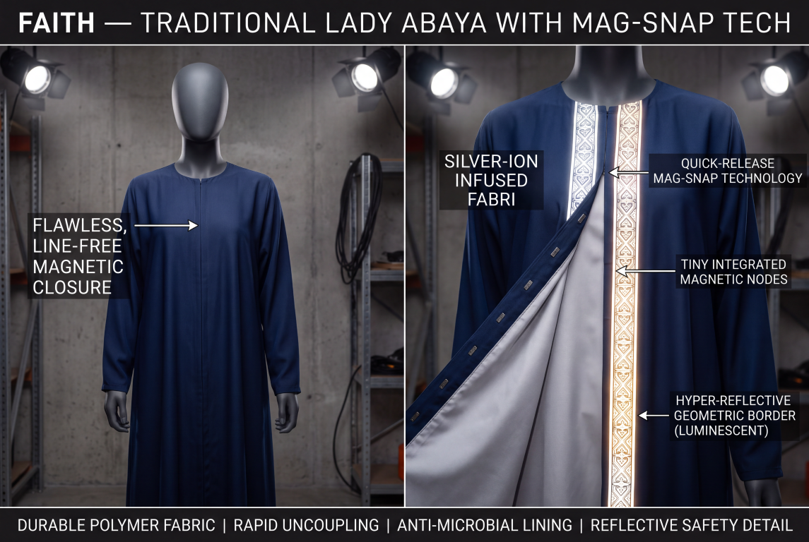 Technical split-screen presentation of a navy abaya on mannequins, showing the closed front and an opened magnetic fastening with pale lining and geometric border.