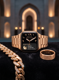 Sovereign rose-gold-tone square watch, stone-set bracelet and geometric ring concept. Precious materials, diamond authenticity and haptic functions are unverified.