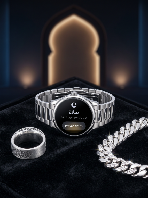 Sovereign round silver-tone watch, stone-set bracelet and geometric ring concept. Platinum, silver, diamonds and haptic functions are not independently verified.