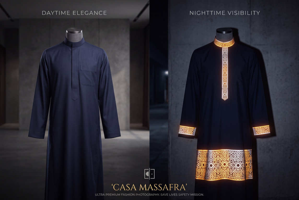 Before-and-after design visualisation of a deep navy thobe on torso mannequins, showing gold-white geometric collar, placket, cuff and hem details on the right.