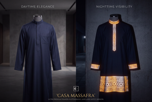 Before-and-after design visualisation of a deep navy thobe on torso mannequins, showing gold-white geometric collar, placket, cuff and hem details on the right.