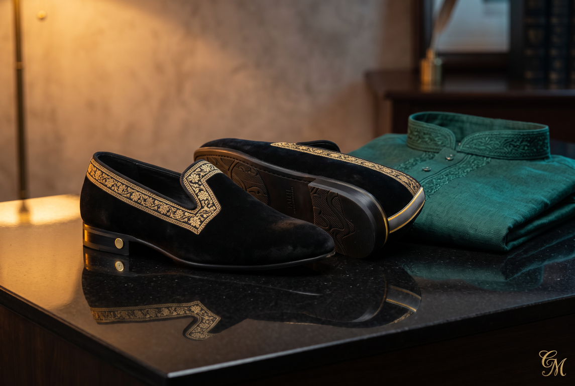 Concept lifestyle presentation of black men's slippers with gold-tone floral borders and heel accents on a reflective dark table beside a folded green garment.