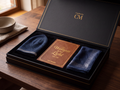 Open black and gold Casa Massafra gift box containing a navy kufi, brown devotional journal and folded navy pocket square.