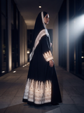 Digital design visualisation showing a side view of a woman in a black abaya with light geometric patterns along the cuffs, scarf border and hem.