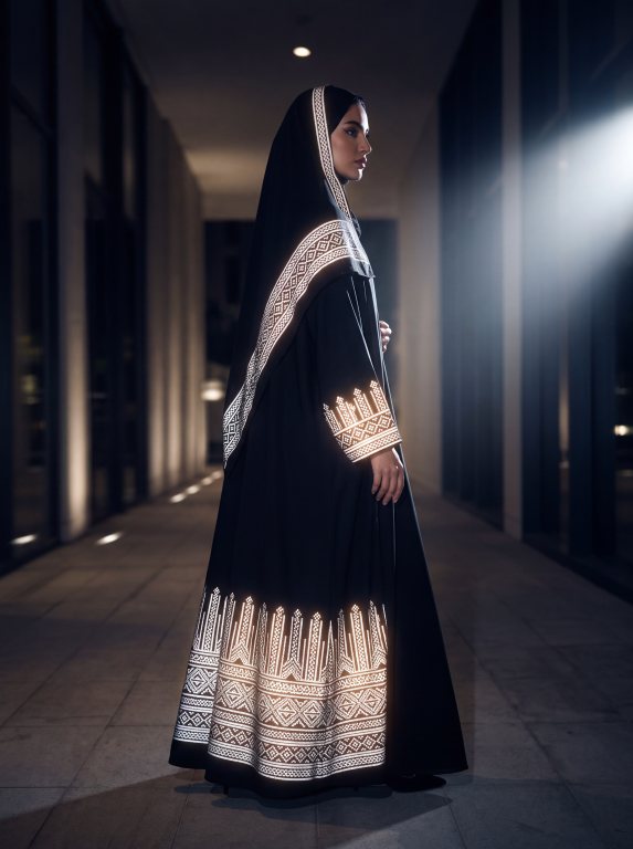 Digital design visualisation showing a side view of a woman in a black abaya with light geometric patterns along the cuffs, scarf border and hem.