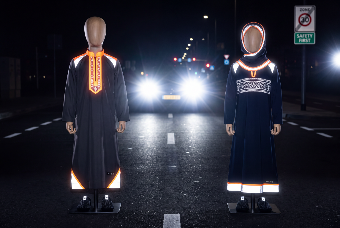 Two youth mannequins wearing a dark thobe and hooded abaya with bright white and orange detailing on a road at night, with car headlights behind them.