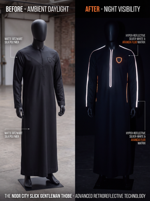 Split-screen design visualisation of a matte black thobe on mannequins, contrasting daylight styling with silver-white lines and an orange shield outline at night.