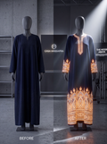 Before-and-after design visualisation of a navy abaya on mannequins, with illuminated gold-orange neckline, cuff and paisley hem details on the right.
