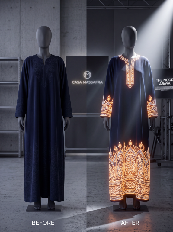 Before-and-after design visualisation of a navy abaya on mannequins, with illuminated gold-orange neckline, cuff and paisley hem details on the right.