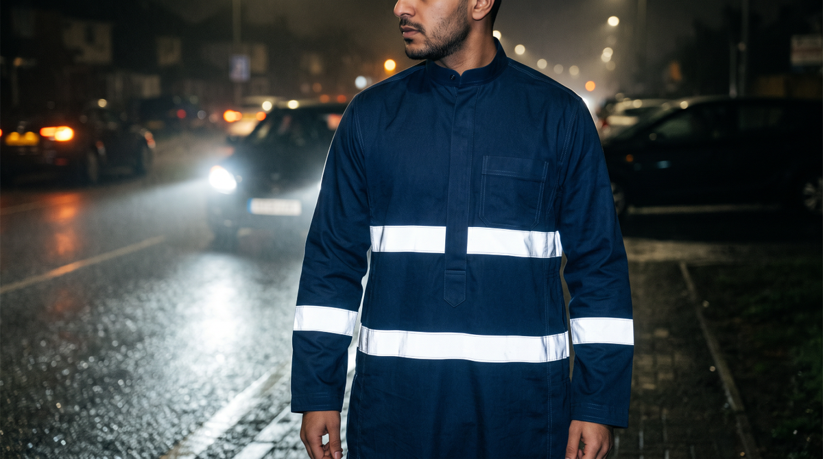 Man wearing a navy blue thobe with two bright horizontal bands across the torso and sleeves on a wet street at night.