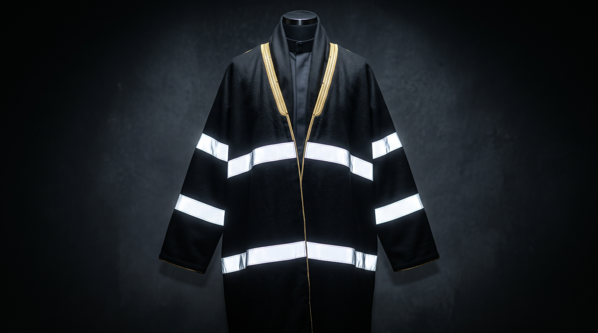 Black bisht displayed on a mannequin with gold neckline trim and two bright horizontal bands across the torso and sleeves.