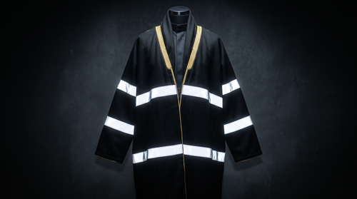 Black bisht displayed on a mannequin with gold neckline trim and two bright horizontal bands across the torso and sleeves.