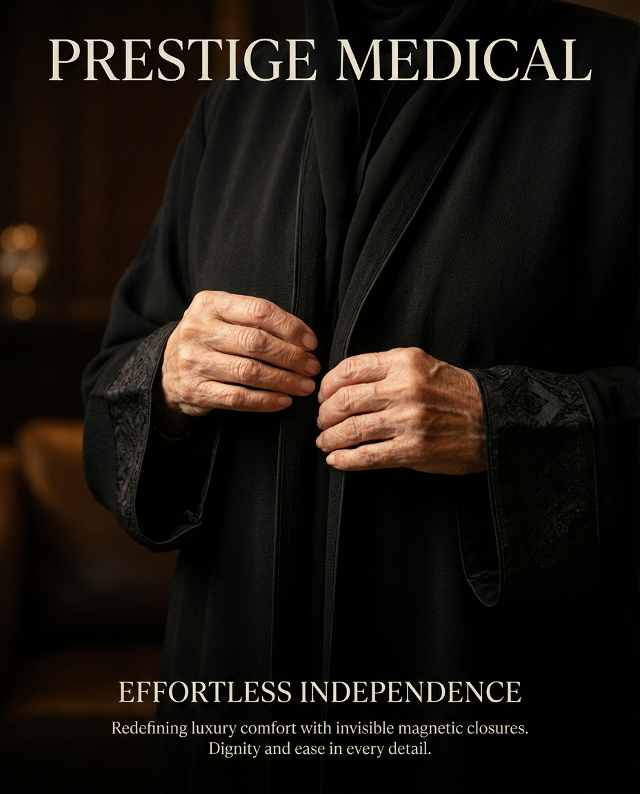 Prestige Medical campaign showing hands at the front closure of a black abaya with tonal floral cuffs and the text Effortless Independence.