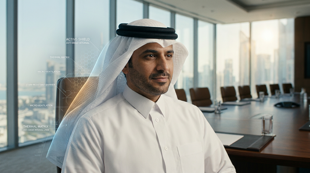Boardroom campaign showing a man wearing a white ghutra with black agal and a white thobe, with textile concept annotations.