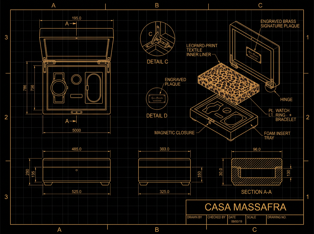Collectors case R&D blueprint with compartment layout, exploded assembly and leopard-print lining concept. Conflicting dimensions and material labels are not validated production specifications.