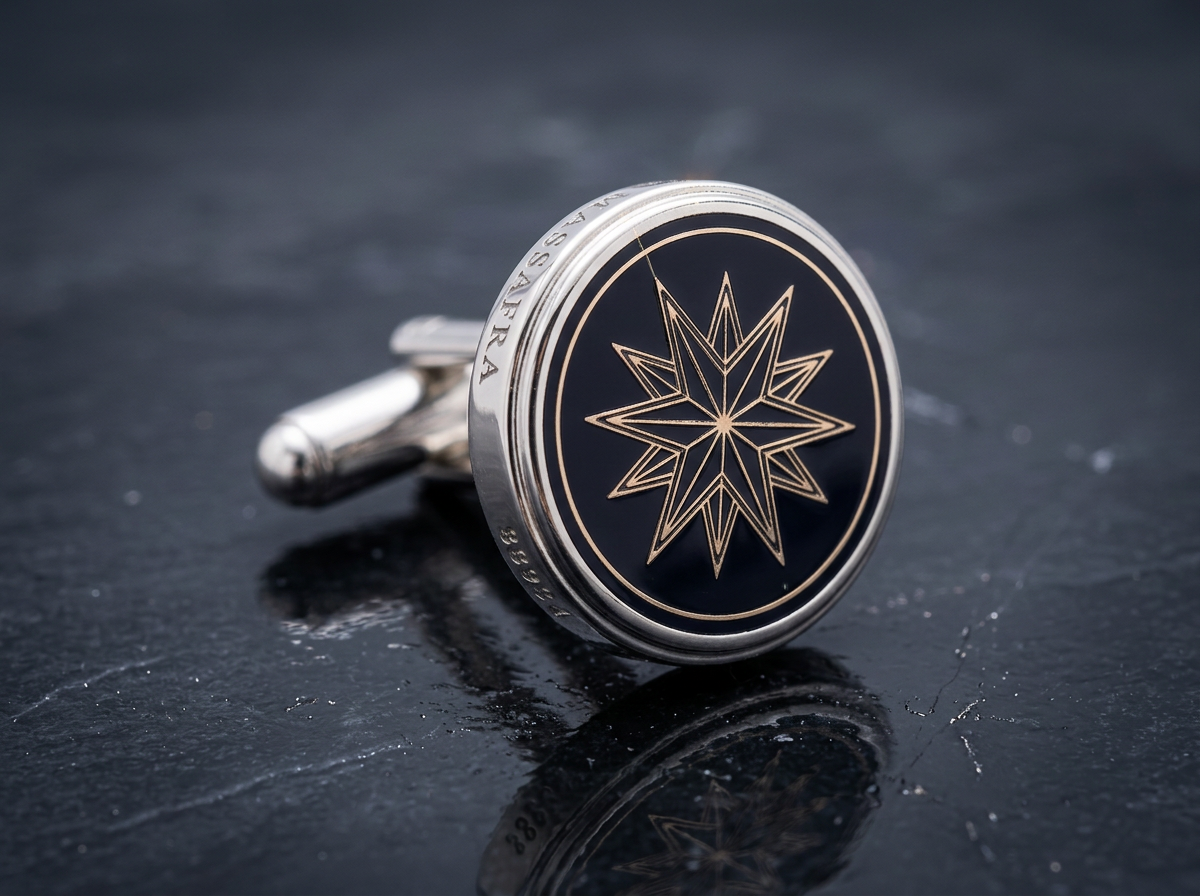 Single Sovereign cufflink with gold-coloured geometric star, black face and polished silver-coloured rim on black marble.