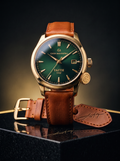 FAITH VVIP Fede watch concept with green dial, gold-tone case, two crown-like details and cognac-brown strap. Gold purity, leather composition and haptic functions are unverified.