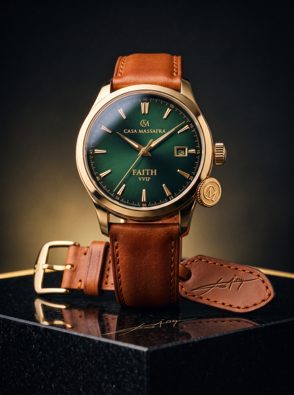 FAITH VVIP Fede watch concept with green dial, gold-tone case, two crown-like details and cognac-brown strap. Gold purity, leather composition and haptic functions are unverified.