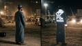 Split-screen campaign image showing a grey work thobe at a construction site, with bright X-back and chevron detailing in the right-hand view.