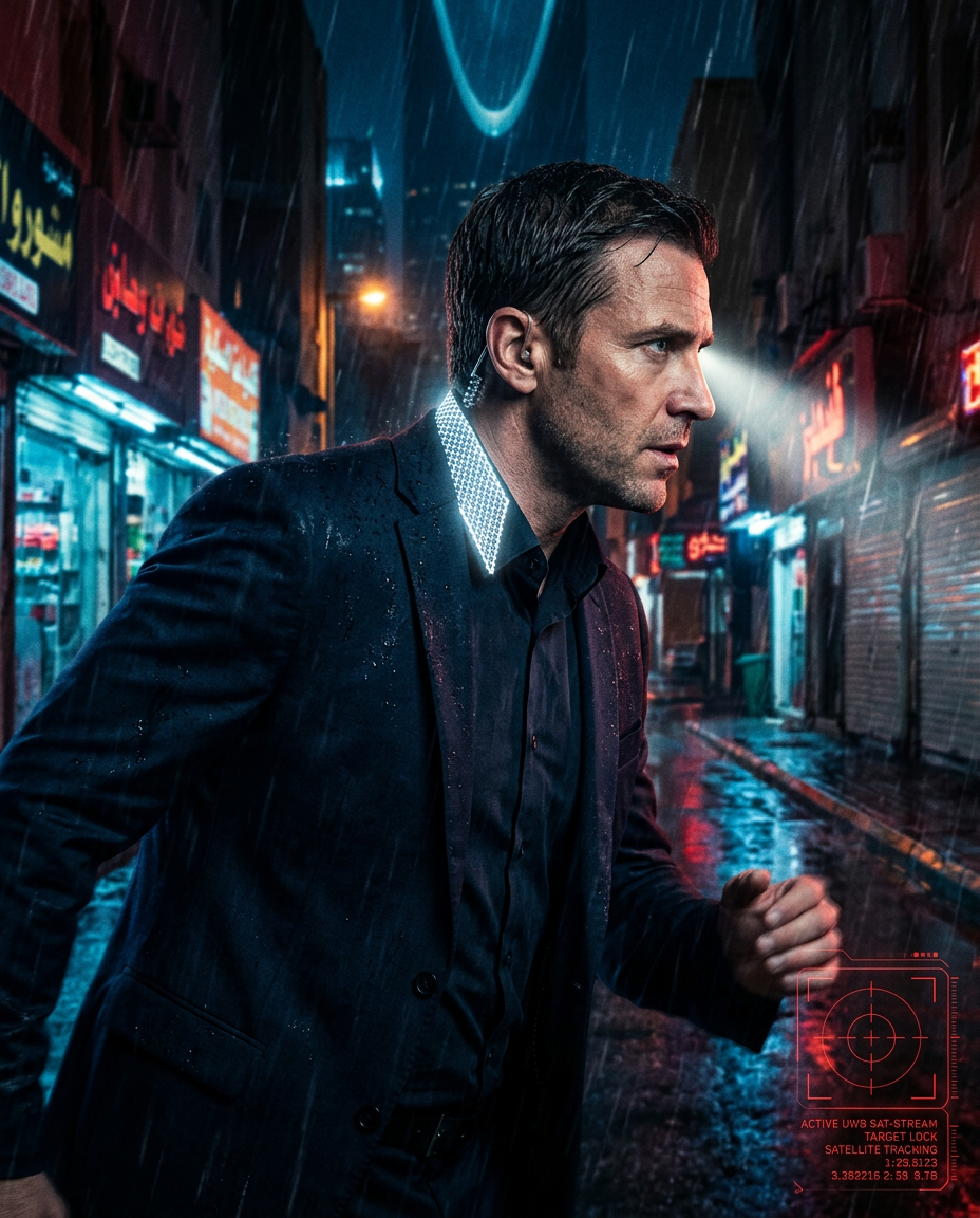 Phalanx campaign showing a man in a dark tailored suit with a bright diamond-pattern collar running through a rain-soaked city street at night.
