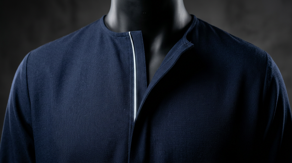CM-A01 Minimalist Friday Thobe concept detail: navy collarless neckline with an open asymmetric front and slim silver-white accent.