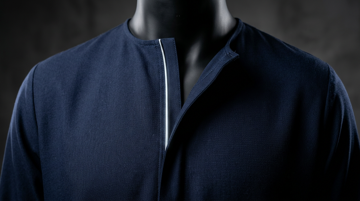 CM-A01 Minimalist Friday Thobe concept detail: navy collarless neckline with an open asymmetric front and slim silver-white accent.