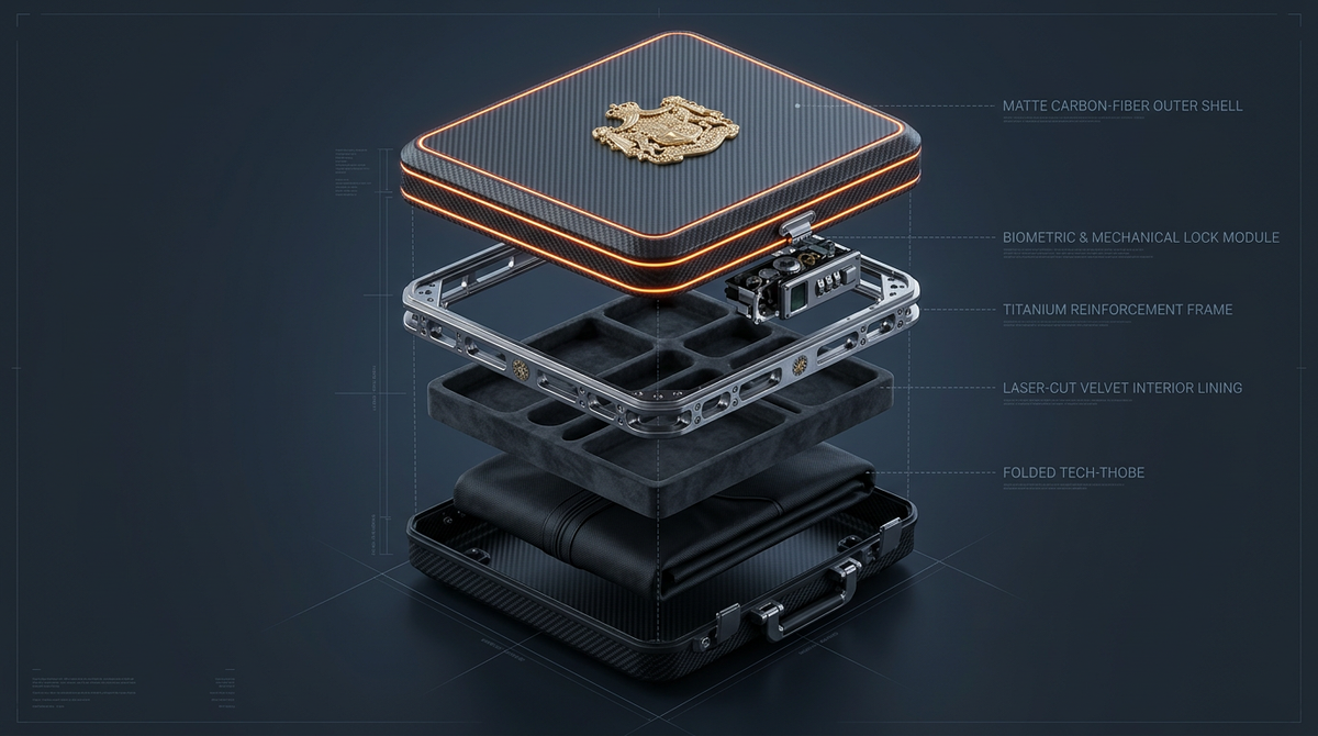 Exploded-view concept blueprint of a carbon-pattern briefcase with separate lid, lock module, reinforcement frame, interior tray and folded garment.