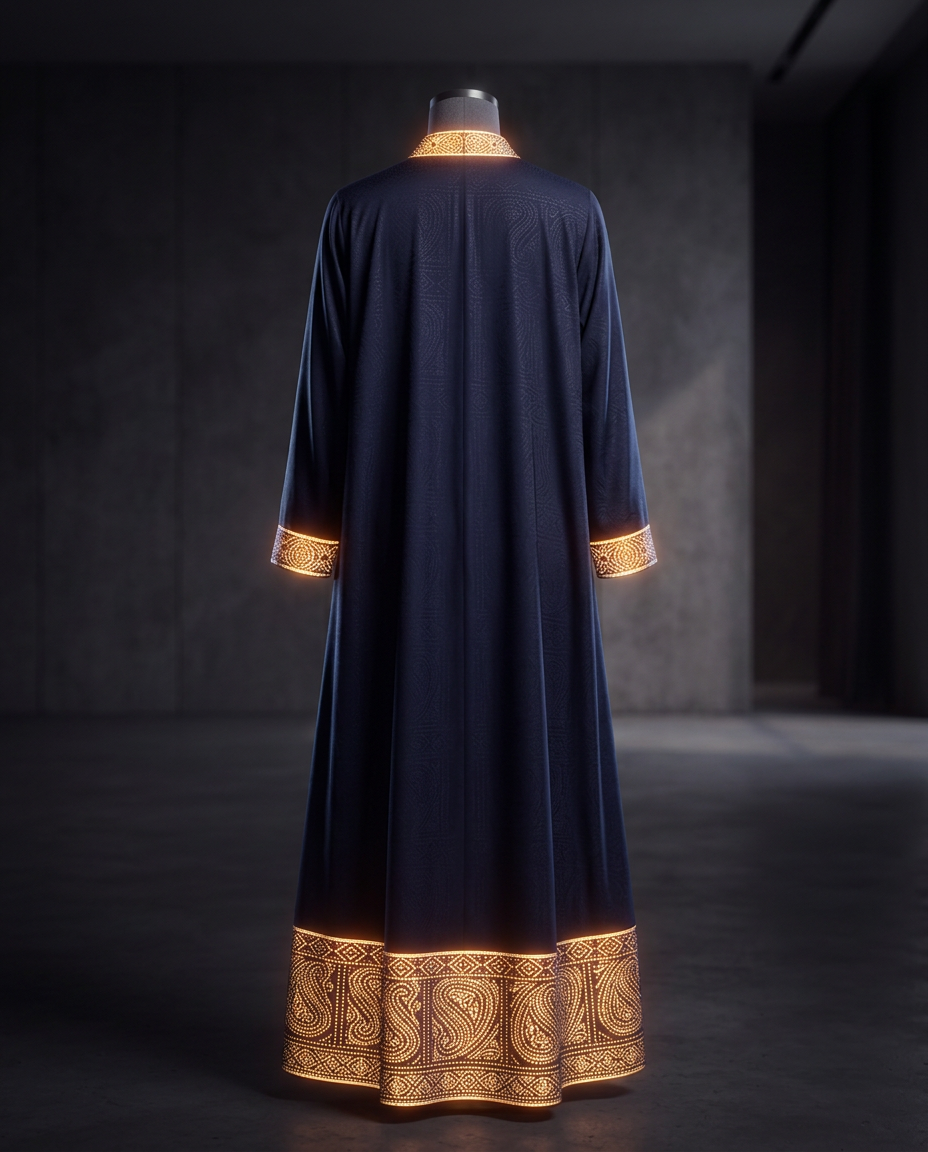 Traditional Lady Abaya concept render, back view in midnight blue with amber-coloured patterned collar, cuffs and hem.