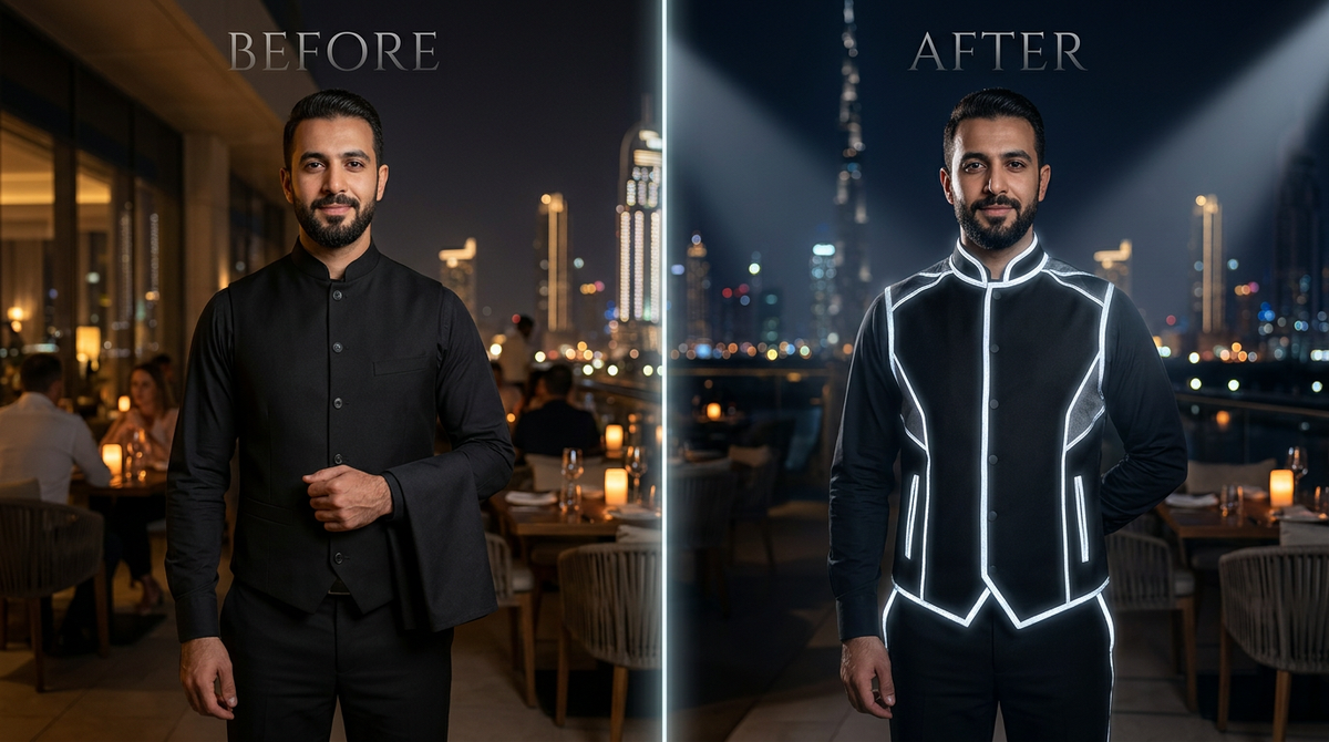 Before-and-after campaign image of a black steward gilet, shown with discreet detailing on the left and bright white outlines on the right.