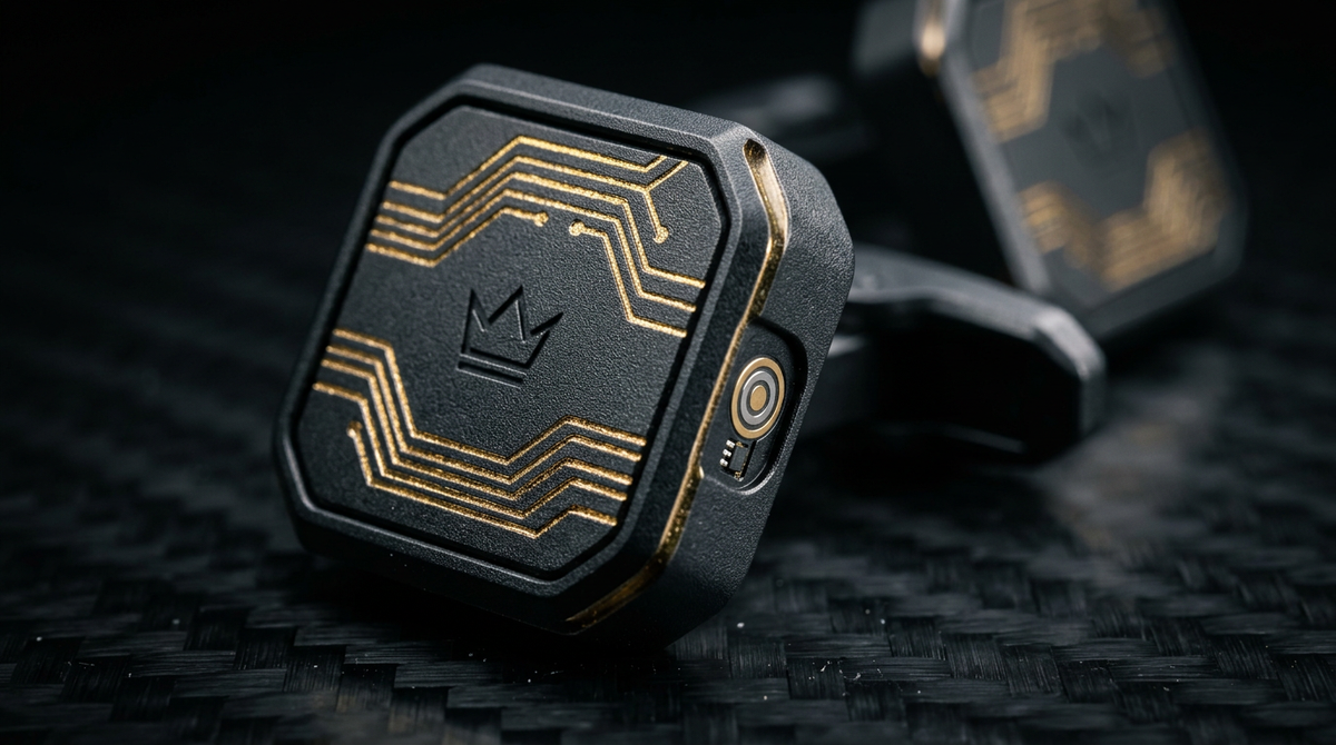 Black cufflinks with gold-coloured circuit detailing and a crown motif, displayed on a carbon-fibre-textured surface.