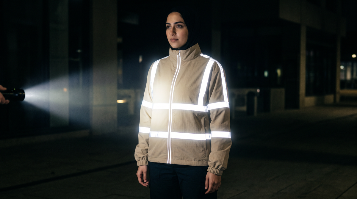 Woman wearing a tan zip-front jacket with bright white torso, shoulder and sleeve bands under torchlight on a dark street.