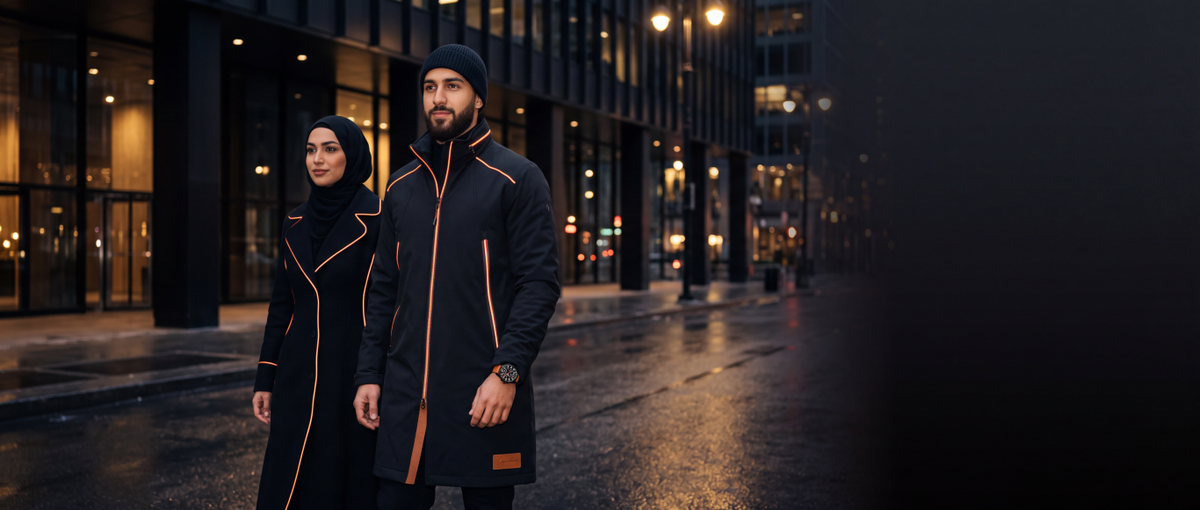 Urban Active concept campaign showing two adults in dark long coats with orange-tone trim on a wet city street at night, with dark space on the right.
